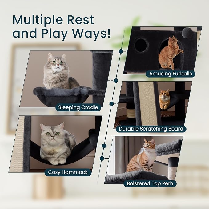 SHA CERLIN 65in Larger Cat Tree Tower Condo for Indoor Kitties/Multi-Level Furniture Activity Center with Wide Base/Cozy Plush Cat Perches/Baskets/Sisal Scratching Posts and Hammock/Dark Grey