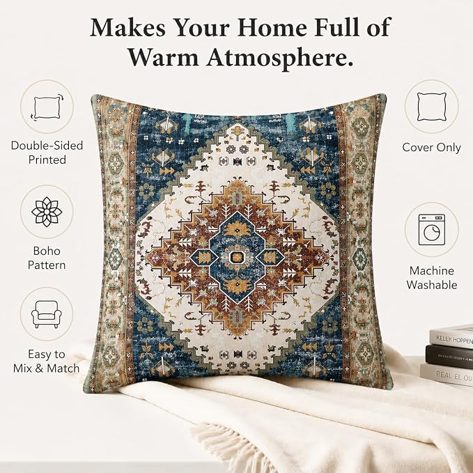 Boho Throw Pillow Covers 18x18 inch Set of 2,Soft Pillowcases Bohemia Carpet Printing Pattern Decorative Sofa Living Room Bed Square Pillow Case Cushion Cover-Blue Green