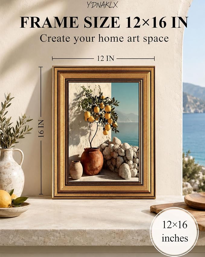 Gold Framed Wall Art, Vintage Mediterranean Lemon Tree Canvas Prints, Coastal Summer Picture Wall Decor, Rustic Italian Landscape Artwork for Kitchen, Living Room, Dining Room 12x16 inch