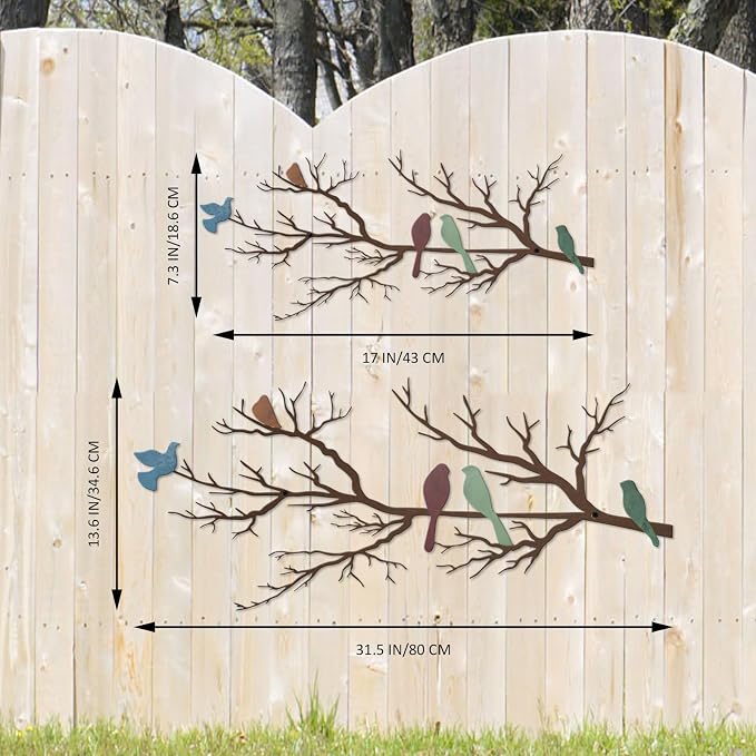 ESTART Metal Birds Wall Art, Metal Vivid Birds on Branch Silhouette Wall Decor Leaves with Bird Outdoor Hanging Wall Sculpture for Home Living room Bedroom Balcony Garden (Colorful, Small)