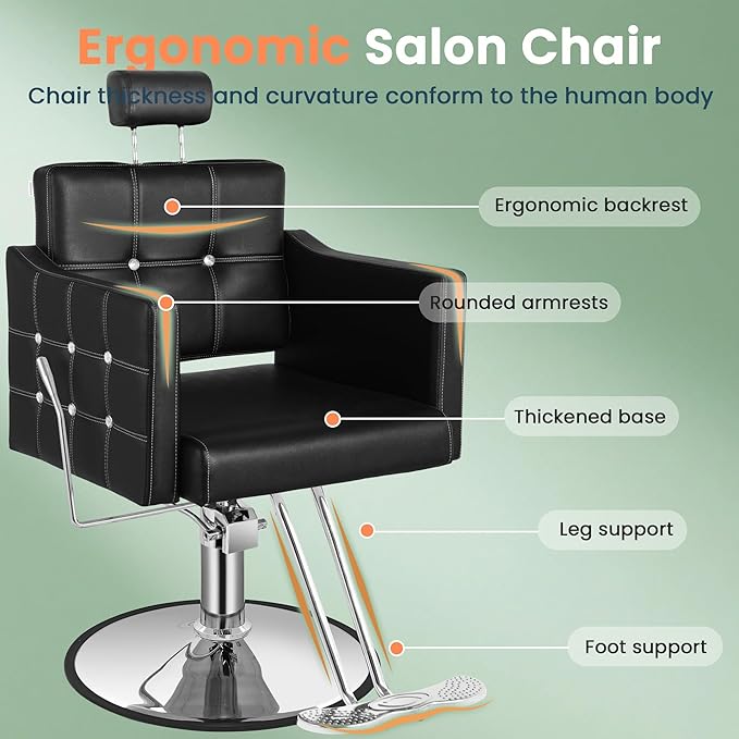 Black Reclining Salon Chair for Hair Stylist, Heavy Duty Barber Salon Chair, Hair Chairs 360° Swivel, Adjustable Height, Ergonomic Reclining Stylist Chairs for Beauty Salon