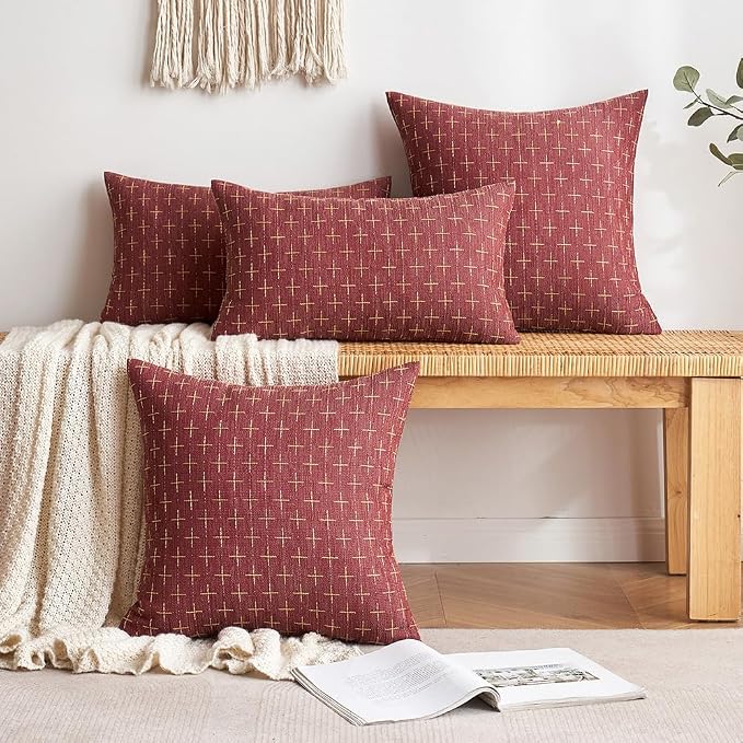 MIULEE Pack of 2 Christmas Decorative Burlap Linen Throw Pillow Covers Modern Farmhouse Pillowcase Rustic Woven Textured Cushion Cover for Sofa Couch Bed 18x18 Inch Wine Red