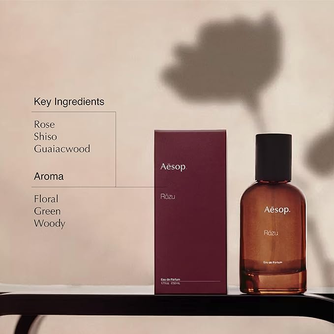 Aesop Rōzu Eau de Parfum | Rose, Shiso, and Guaiacwood Scent | Floral, Green, and Woody Aroma | Unisex | 1.6 fl oz