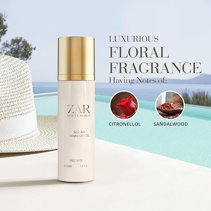 Zar Solar Tanning Oil | Fast Dark Tanning Accelerator for Outdoor Use | Natural, Non-Greasy Formula with Sweet Almond & Jojoba Oils | Nourishes & Protects Skin | Perfect for Face & Body - 100 ml