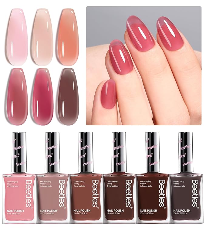 Beetles Jelly Nail Polish Set, 6 Colors Sheer Pink Nail Polish Long Lasting & Quick Dry Clear Jelly for Spring Women, Pink Nail Strengthener Polish for Salon DIY Manicure Set