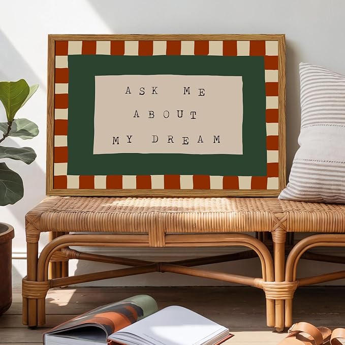 Framed Ask Me About My Dream Wall Art, Retro Red Green Checkered Pictures Wall Decor, Mid Century Modern Minimalist Text Paintings Canvas Prints for Home Living Room Bedroom 12x16 inch
