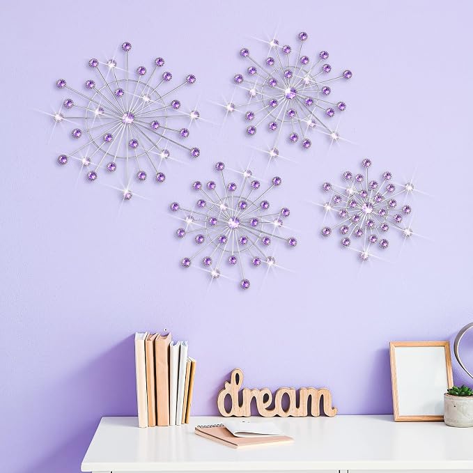 Blulu 4 Pcs Metal Wall Decor Bling Crystal Wall Art Cast Iron Rhinestones Sunburst Decor Starburst Art Hanging Diamond Accents Decorative for Living Room Bedroom Entryway (Purple)