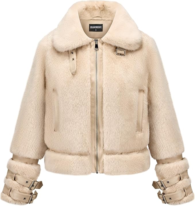 GRAN ORIENTE Womens Belted Winter Faux Fur Coats, Cropped Fuzzy Cuff Furry Zipper Up Warm Jackets Outwear