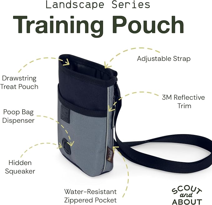 P.L.A.Y. Scout & About Deluxe Training Treat Pouch with Poop Bag Dispenser - 3 Way Wear, Detachable & Adjustable Strap, Reflective Strips, Water-Resistant Back Zipper Pocket, Squeaker (Eclipse)