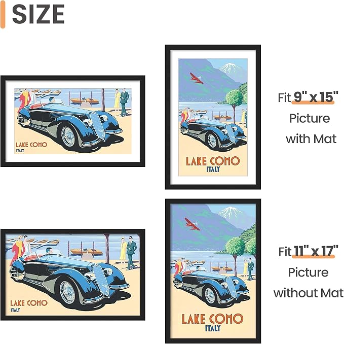upsimples 11x17 Picture Frame Set of 10, Display Pictures 9x15 with Mat or 11x17 Without, Multi Photo Frames Collage for Wall Display, Black | Fit 9x15 and 11 x 17 Photos, Wall or Tabletop Display, For Gallery Hallway Living Room, For Christmas