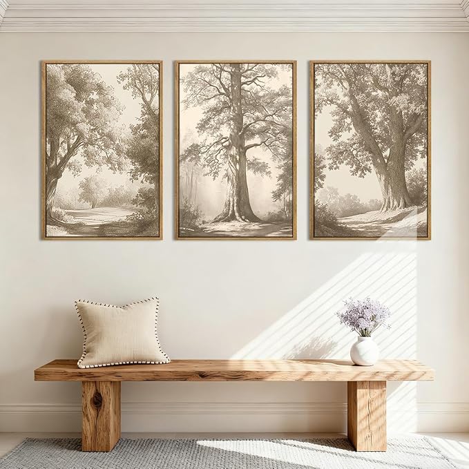 Vintage Tree Canvas Wall Art Framed Rustic Tree Landscape Sketch Antique Painting Neutral Forest Wall Decor 24x36 Inch Farmhouse Botanical Set of 3 for Living Room Bedroom