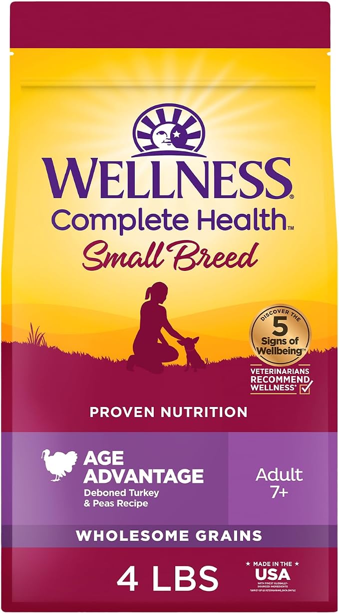 Wellness Complete Health Age Advantage Small Breed Senior Dry Dog Food, Wholesome Grain Kibble, Natural, Turkey and Peas Recipe, 4 lb Bag