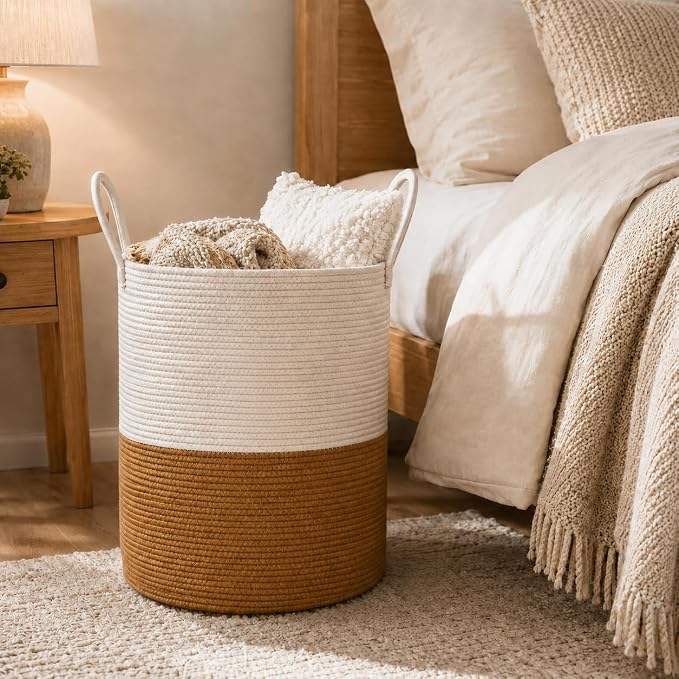 Baby Laundry Basket, Cotton Rope Nursery Hamper with Handles, Jute | Foldable decorative organizer for baby clothes, blankets and toys; tall shape saves space and suits nurseries or kids rooms.