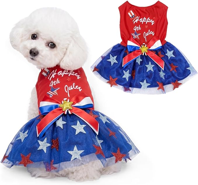 4th of July Pet Clothes for Small Dogs, 250th Independence Day Dog Seersucker Dresses Stars and Stripes Patriotic Pet Doggie Apparel Stretchable Outfit, XL Size