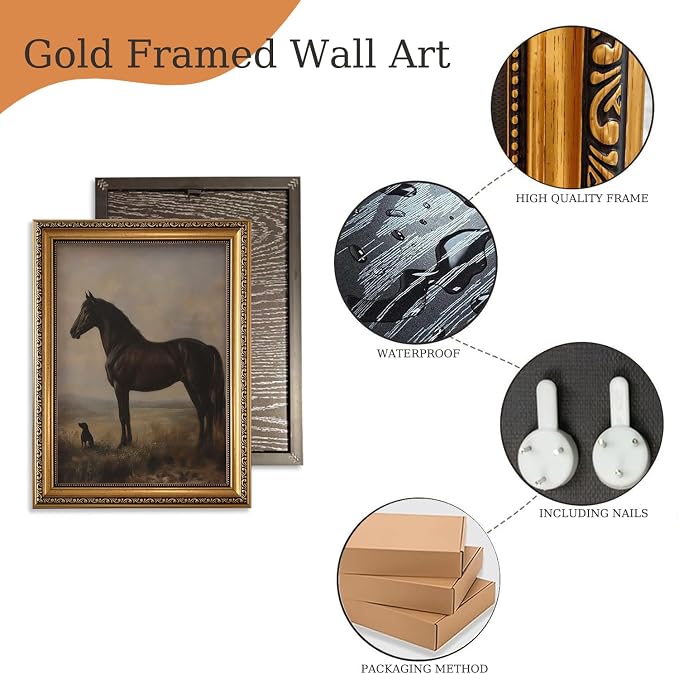 Vintage Equestrian Gold Framed Wall Art Black Horse Gundog Wall Decor Art | Antique Victorian Animal Picture Canvas Art Western Country Paintings Small Framed Prints Artwork for Bookshelf Gallery Wall