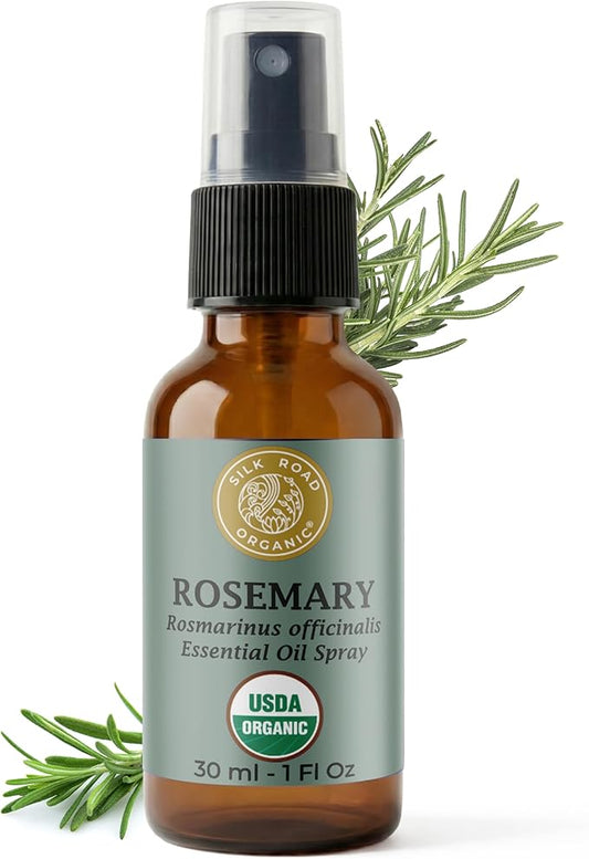 Silk Road Organic Rosemary Essential Oil & Jojoba Spray, USDA Certified, Support Hair Growth & Health – 1 oz. Aromatherapy Spray