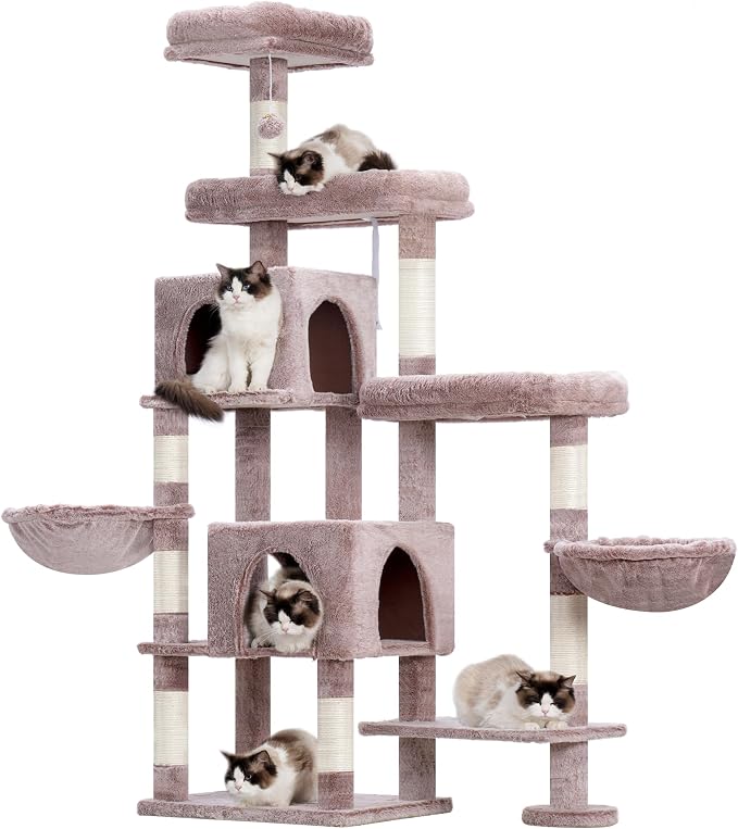 Hey-brother Cat Tree Tower with Stable Extended Base, 3 Platforms, MPJ038MU | 70.9 Inches Multi-Level Sisal Scratching Posts, Wide Bed, 2 Cozy Condos, 2 Hammocks, Toy Balls for Indoor Cats, Muchroom