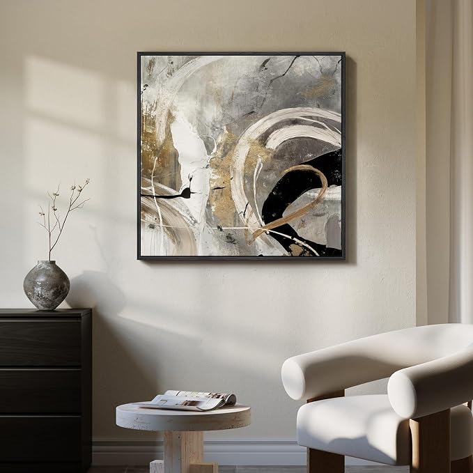 Framed Neutral Abstract Wall Art, Modern Gray Black Gold Canvas Prints Artwork for Walls, Contemporary Square Pictures for Living Room Bedroom Dining Room Hallway Office Wall Decor, 30x30 In