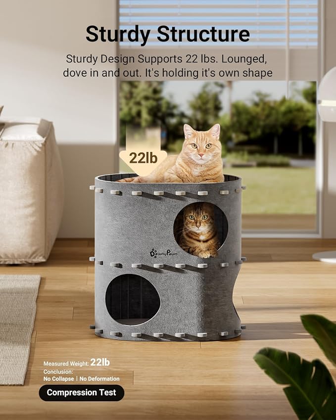 DownyPaws Cat House for Indoor Cats, 2-Storey Cat Bed Cave, Light Gray | Cat Hideaway Enclosed Bed,Cave Hideout Fort, Kitten Houses for Large Cats,Hide Box Bed Multicats Scratch Resistant