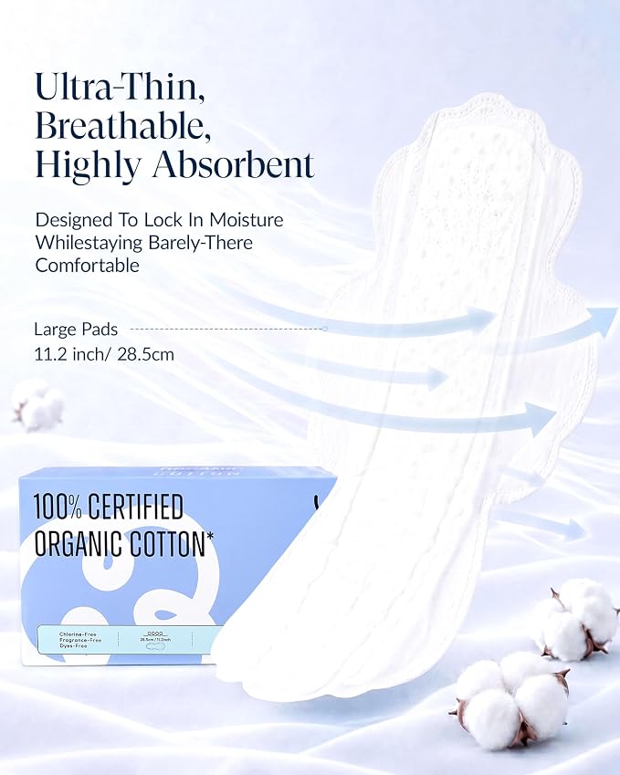 RPE Life 100% GOTS Organic Cotton Period Pads with Wings,Size 4, 48 Count | Large Size 4 pads with wings for heavy flow; highly absorbent, breathable, chlorine-free period protection.