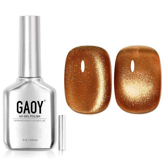 GAOY Jelly Brown Cat Eye Gel Nail Polish, 16ml Glitter Holographic Nail Polish with Magnet, Reflective Translucent UV Gel, 2956 Glowing Amber