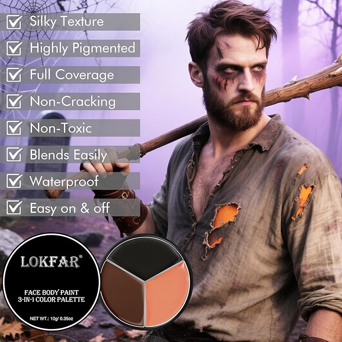 Black Brown Terracotta Face & Body Paint - Blendable Facepaint Foundation with Sponge & Brush for Skin, Professional Halloween Face Make-up Kit for Wolf Werewolf Tiger Deer Lion Beard Cosplay Costume