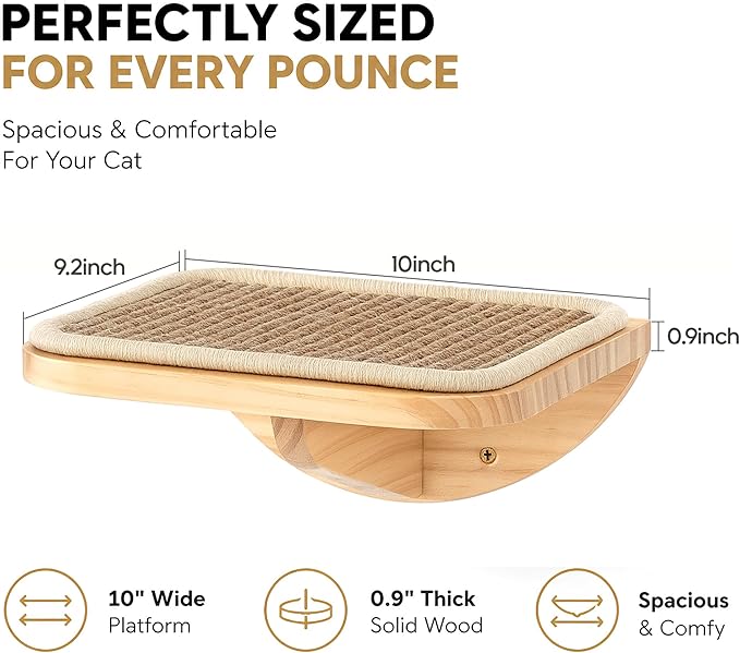2 Set Wooden Cat Wall Shelves with Sisal Mat, Cat Wall Furniture Steps | 10"L x 9.2"W x 4"H Wall Mounted Cat Stairs, Cats Wall Furniture Steps, Space Saving, for Jumping, Playing & Lounging