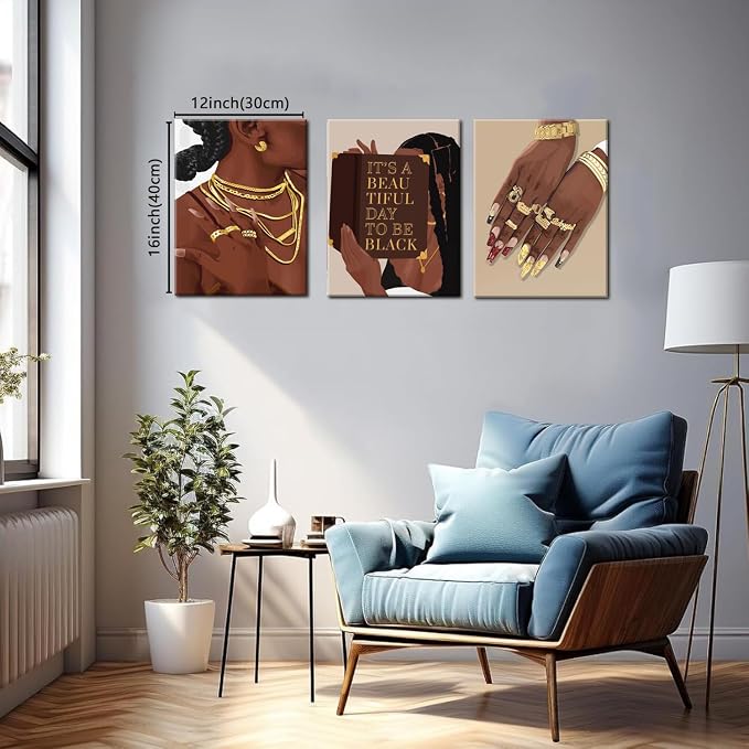 Marllifenney 3 Pcs Black Woman Wall Art Framed Black Girl Posters Abstract African American Canvas Prints Black Women Painting Decor Modern Boho Female Pictures for Bedroom Living Room Office 12x16in