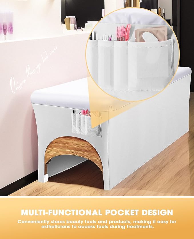 Onism Lash Bed Cover for Eyelash Extensions - Professional 6ft Massage Table Cover with Side Storage Pocket, Waterproof PU Leather & Stretchy Spandex Sides, Wipeable Spa Bed Sheets (White)