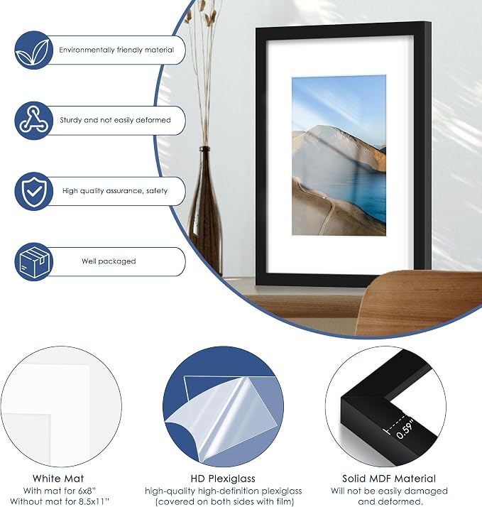 11x17 Picture Frame Set of 6, Wall Mounting Display, Black | Display 8x12 with Mat or 11x17 Without Mat, Horizontal or Vertical, Gallery Wall Frame Set for Wedding & Room & Home Decor