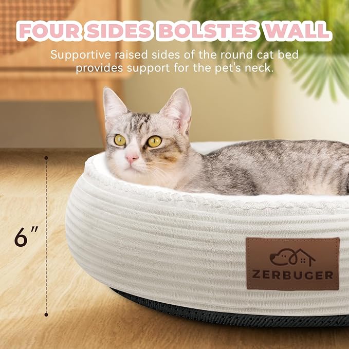 Zerbuger 20in Cream Round Dog Bed Sofa for Dogs Cats, Machine Washable | for Small/Medium/Large Dogs Cats, Foam Pet Couch with Removable Mat Non-Slip Bottom, Pet Cuddler for Indoor/Outdoor/Car/Cage
