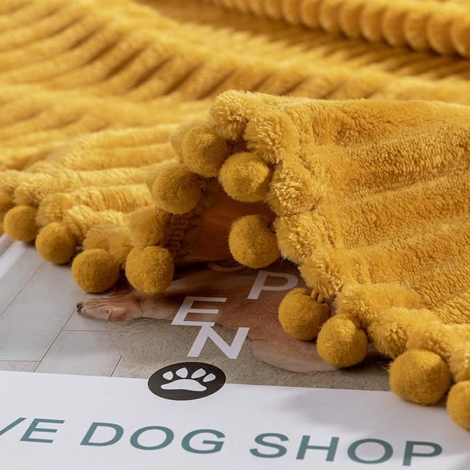 DISSA Fleece Blanket Queen Size – 90x90, Yellow - Soft, Plush, Fluffy, Fuzzy, Warm, Cozy – Perfect Throw for Couch, Bed, Sofa - with Pompom Fringe - Flannel Blanket