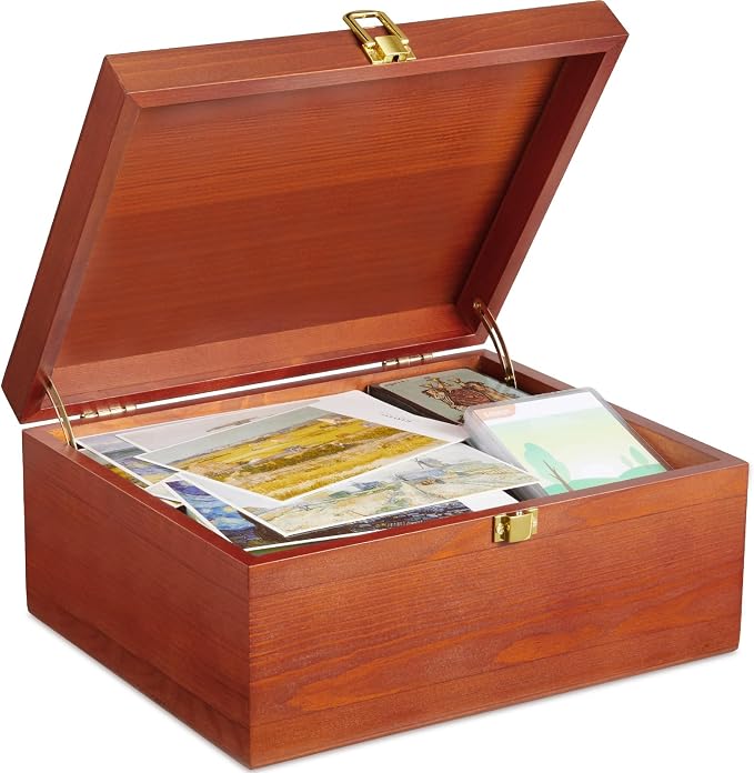 DRASTAR Wooden Keepsake Box, Large Storage Box with a Hinged Lid, Memory treasure box for Crafts and Photo Storage