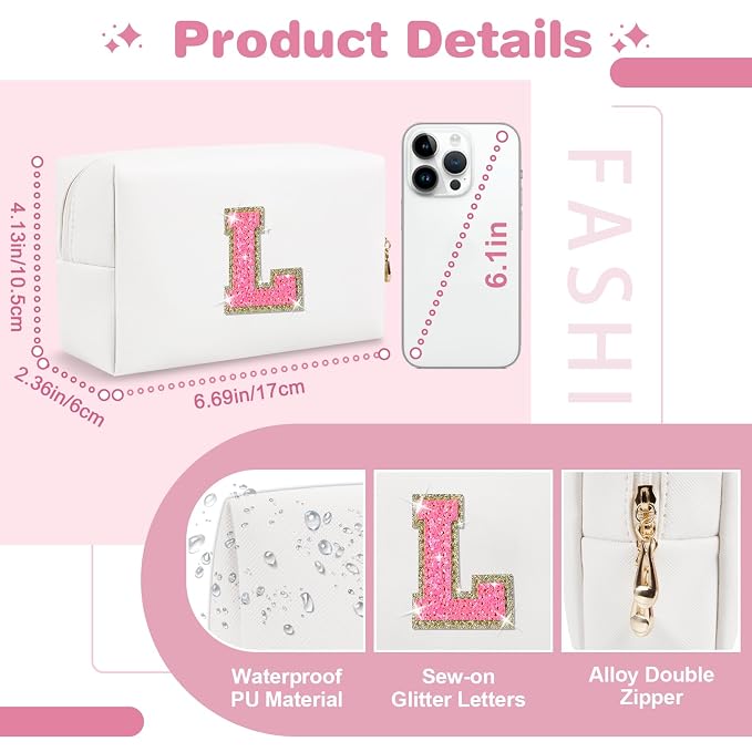 Small Personalized Initial A-Z Patch Makeup Bag,White Cute PU Leather Glitter Letter Cosmetic Bag for Teen Girls,Travel Toiletry Bag with Zipper,Preppy Monogrammed Birthday Gift for Daughter Niece L