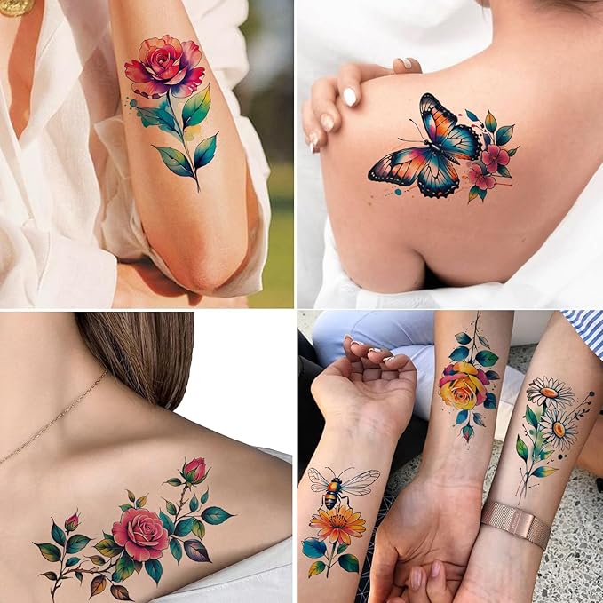 Tazimi 3D Large Watercolor Flower Temporary Tattoos For Women Watercolor Roses Flower Butterfly Sunflower Daisy Tattoos Sticker Girls Adults Waterproof Realistic Arm Body Colourful Tattoos