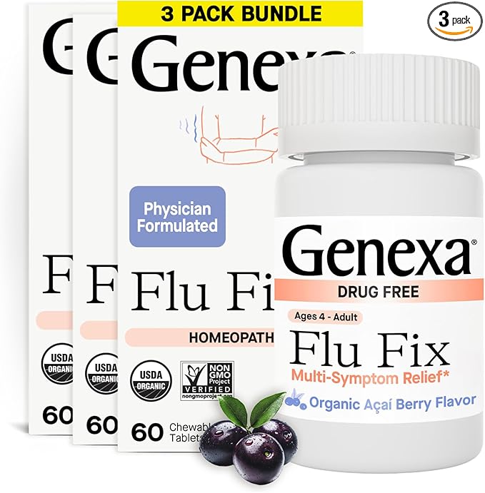 Genexa Flu Fix | Multi-Symptom Flu Remedy for Kids & Adults | Delicious Organic Acai Berry Flavor | Certified Organic & Non-GMO | Homeopathic Remedy Made Clean | 180 Chewable Tablets (3 Pack)