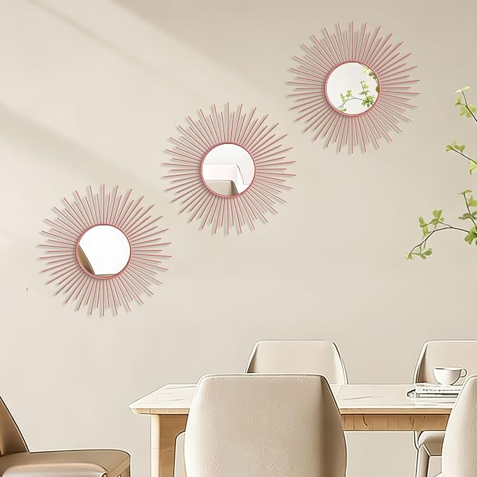 3 Pack Metal Mirrors for Wall Sunburst Wall Mirrors Home Décor Decorative Hanging Wall Art for Living Room Bedroom Entryway (Pink, Sunburst)