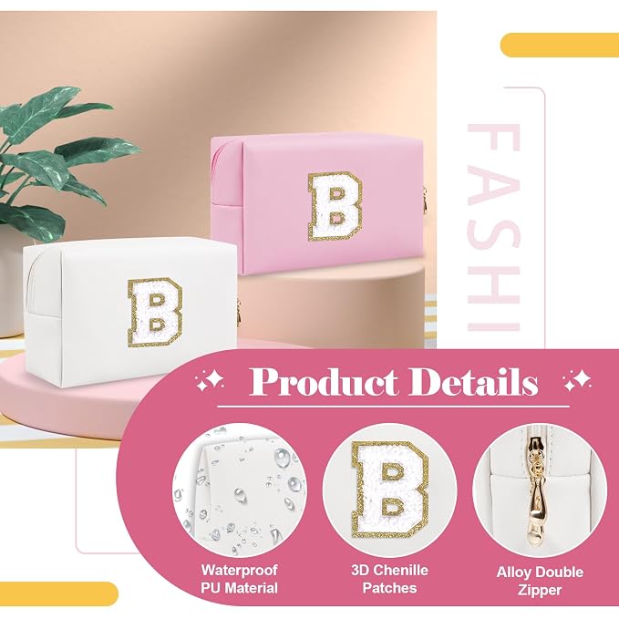 Small Personalized Initial A-Z Preppy Patch Makeup Bag,White PU Chenille Letter Travel Cosmetic Pouch with Zipper,Cute Toiletry Bag,Gift Ideal for Teen Girls Women Teacher Bridesmaid,Letter B