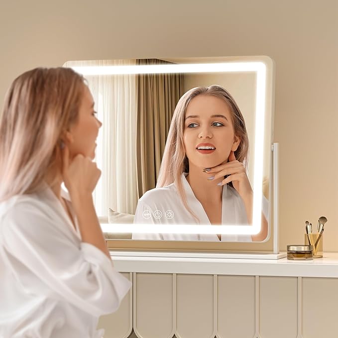 Vanity Mirror with Lights, 23.6'' x 20'' Lighted Makeup Mirror, Touch Screen with 3-Color Lighting, Dimmable for Vanity Desk Tabletop Round White