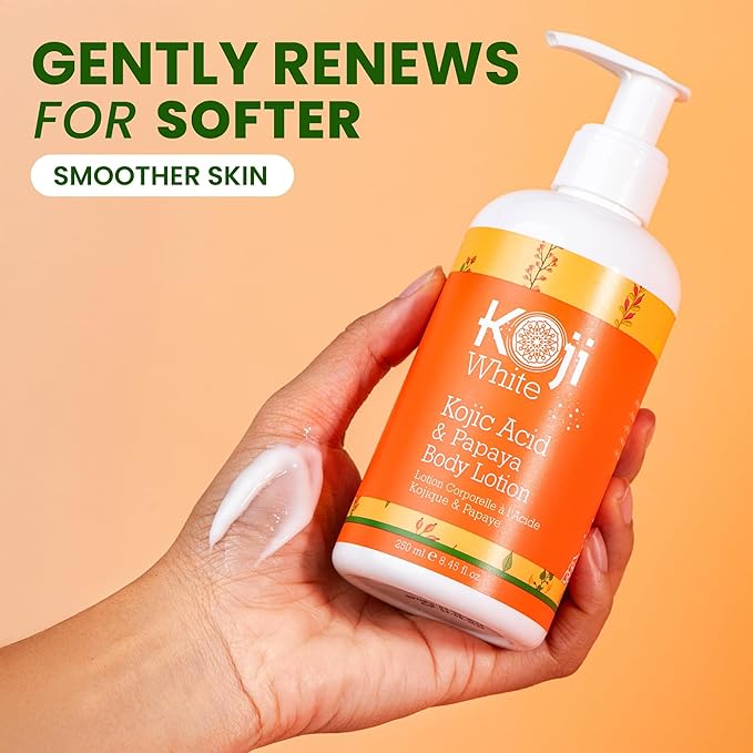 Koji White Kojic Acid & Papaya Body Lotion - Exfoliating, Hydrating, Moisturizing, Skin Care for Sun-Damaged Skin, Vegan, Paraben-Free, 8.45 Fl Oz (1 Bottle)