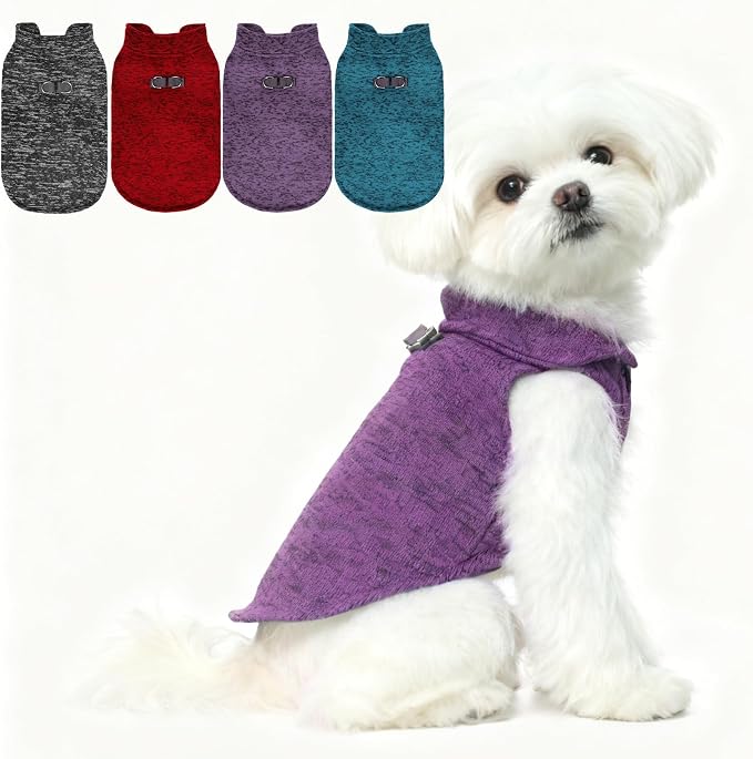 Fleece Dog Sweater - Pullover Dog Jacket, Warm Winter Coat Vest with D-Ring for Leash, Pet Cold Weather Clothes Outfit, Sweatershirt for Boys or Girls Puppy Purple L