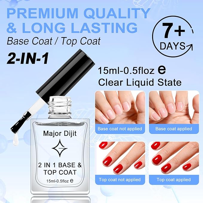 Major Dijit Clear Base & Top Coat 2-in-1 Nail Polish – Quick Dry, Long-Lasting, High Gloss Protective Formula – 0.5 Fl Oz