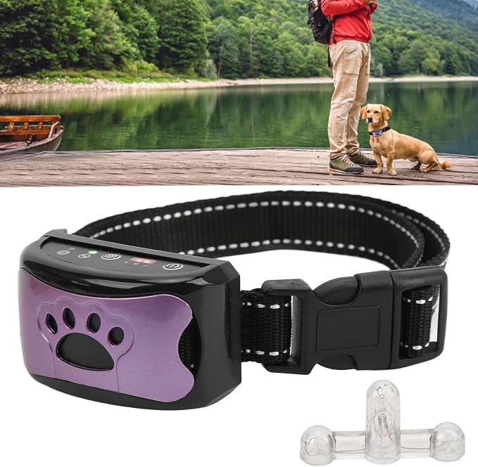 ASHATA Anti Dog Bark Collar, Dog Barking Collar, USB Rechargeable Vibration Intelligent Recognition Training Collar 7 Sensitivity Levels Purple