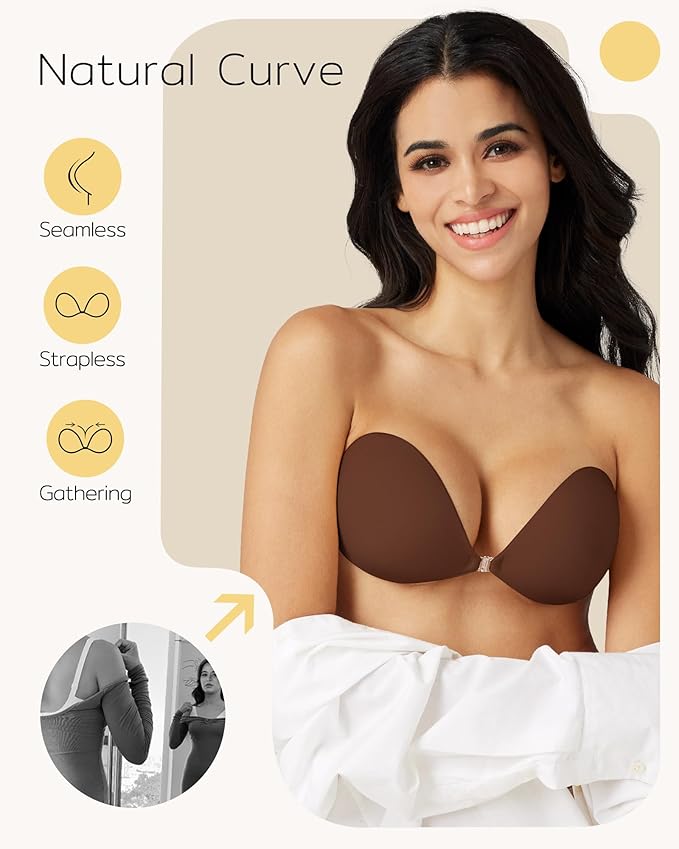 Niidor Adhesive Bra Strapless Sticky Invisible Push up Silicone Bra for Backless Dress with Reusable Nipple Covers