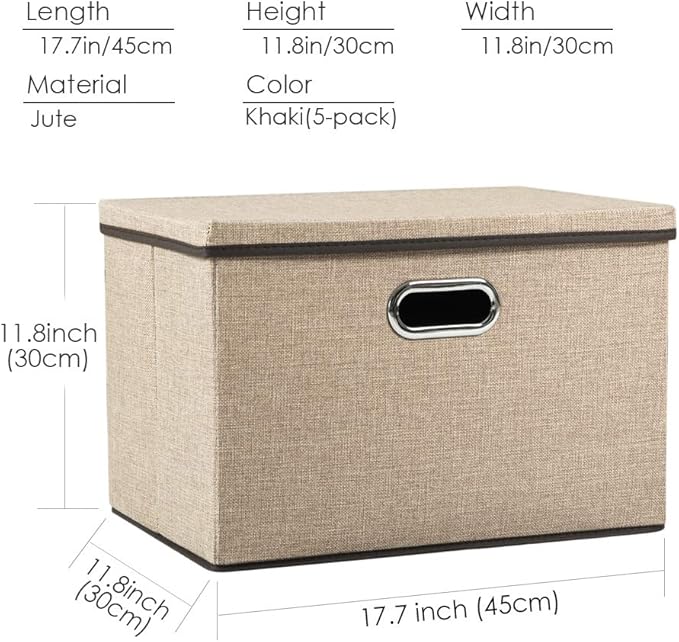 Large Collapsible Storage Baskets with Lids [5-Pack] Jute Fabric Foldable Storage Bins Boxes Organizer Containers Cube with Cover for Home Bedroom Closet Office Nursery (17.7x11.8x11.8)