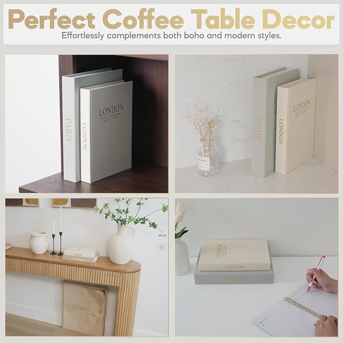 Decorative Books with Storage – Set of 2 Faux Linen Book Boxes with Gold Stamped Covers – Enhance Your Coffee Table, Bookshelf or Mantle Decor – Hidden Storage for Photos, Keepsakes, and Jewelry
