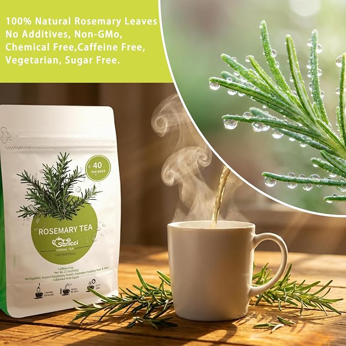 Samcci - Rosemary Tea, 40 Teabags, 1.5g/bag - Pure Dried Rosemary Leaves Tea Bags- Cultivated From Egypt - Non-GMO - Caffeine-free - Support Respiratory Health & Support Hair Growth