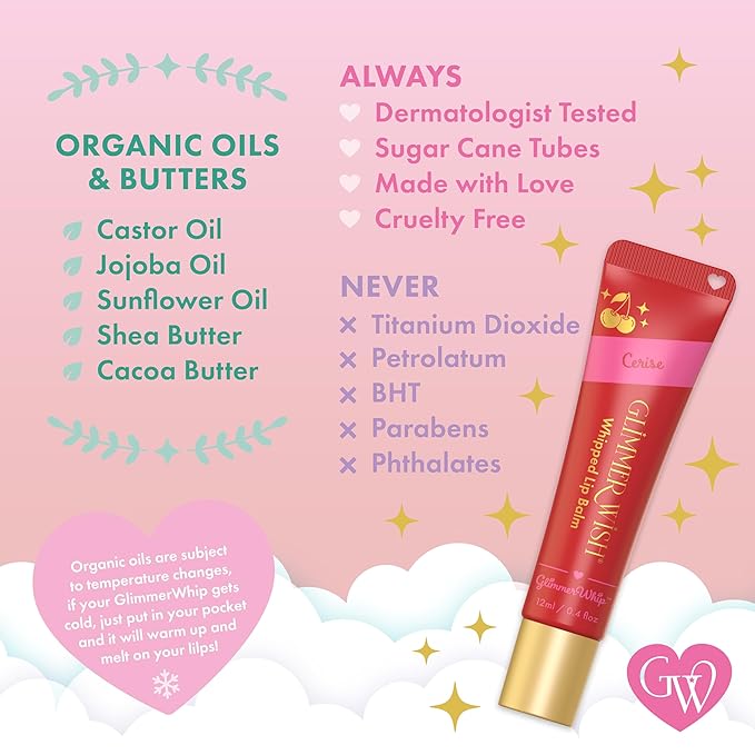 Glimmer Wish Glimmer Whip Hydrating Lip Balm – Moisturizing Lip Care with Organic Oils & Butters – Vegan Lip Moisturizer (Cerise)