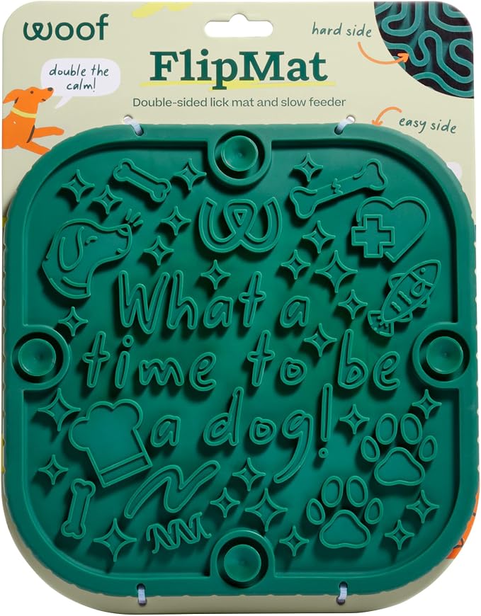Woof FlipMat, Dual-Sided Dog Lick Mat & Slow Feeder, Green