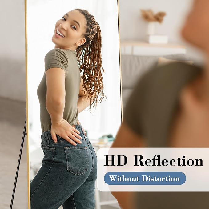 DUMOS 24"x65" Full Length Mirror with Stand, Full Body Floor Mirror | Free Standing or Wall Mount, Nano Glass Aluminum Frame, Hanging or Leaning, Modern Simple Home Decor, Gold